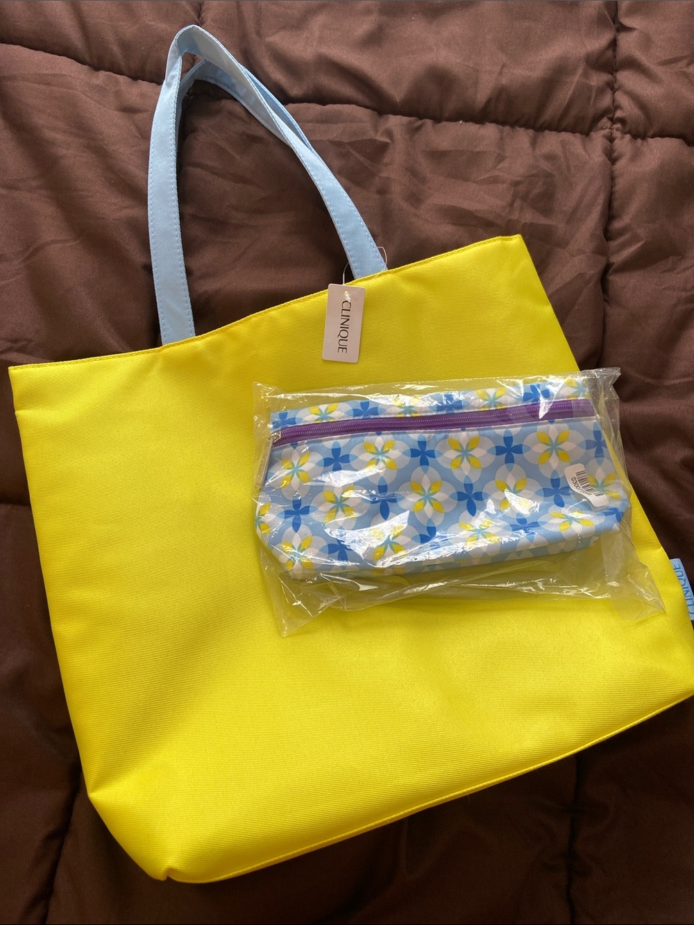 Clinique Yellow Tote with Light Blue Handles and Matching Floral Zip Pouch